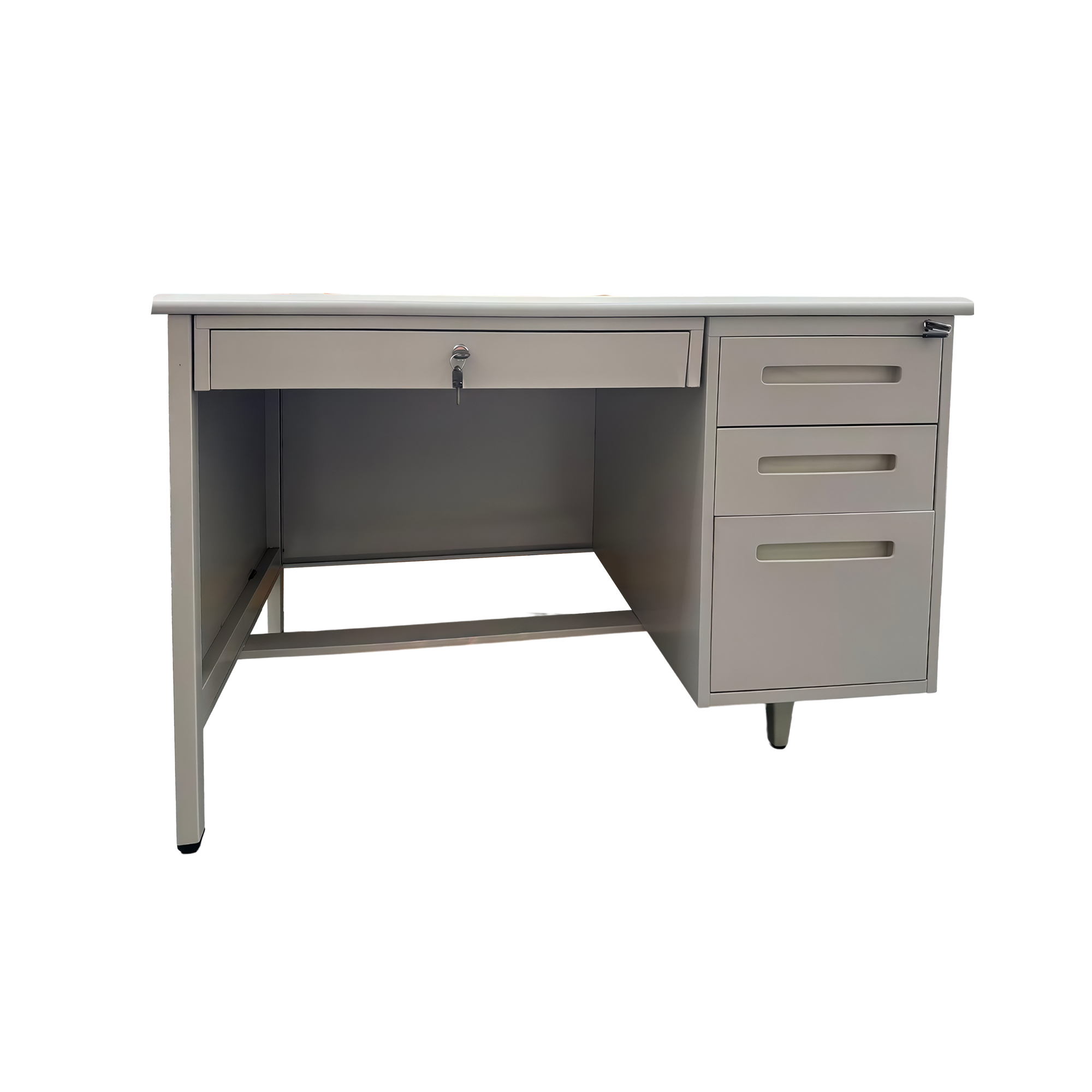 Light grey steel office desk with a locking centre drawer and a three-drawer pedestal on the right
